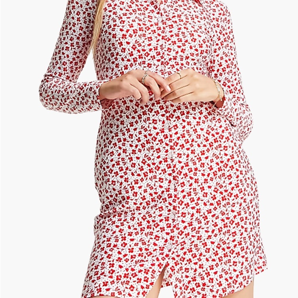 Wednesday's Girl long sleeve bodycon shirt dress in red ditsy floral - Size M